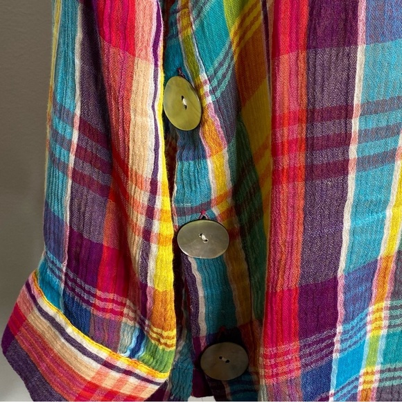 Soft Surroundings Kona Shores Rainbow Plaid Gauze Cotton Button Up Shirt - Picture 10 of 11
